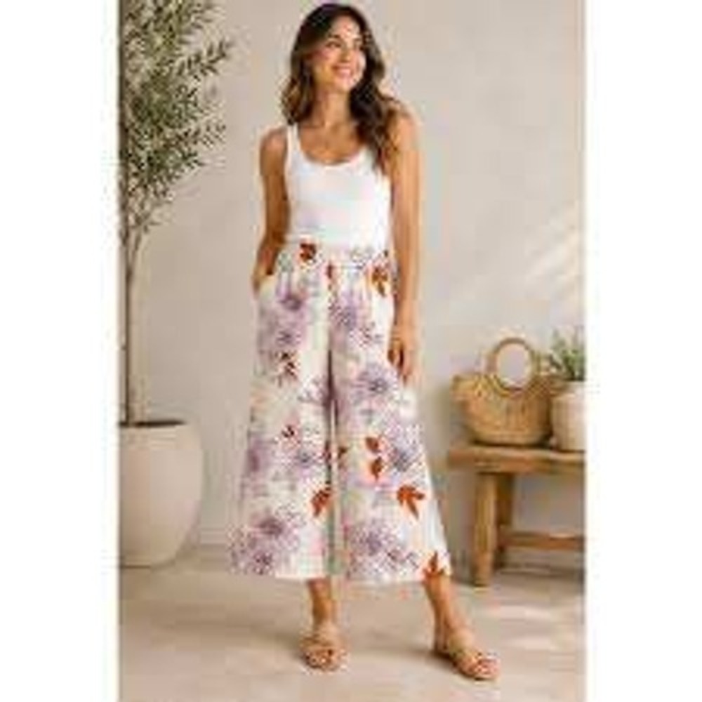 Rachel Roy Ivory Floral Wide Leg Cropped Pants LARGE Linen